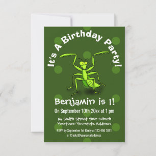 Niedlicher, lustig-grüner Gottesanbeter Cartoon Einladung