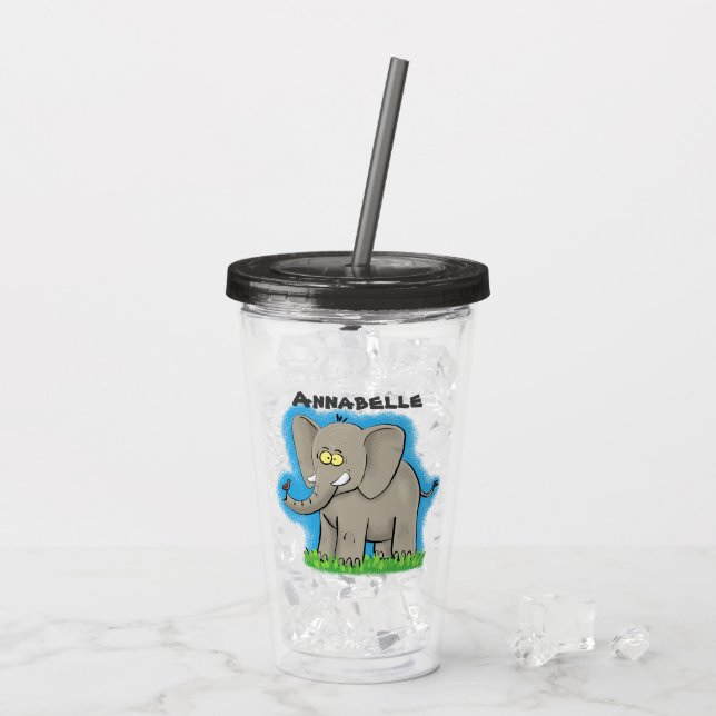 Niedlicher, lustiger Elefant mit Vogel auf Cartoon Acryltrinkbecher (Rückseite Ice)