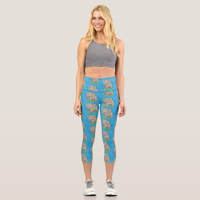 Niedlicher, lustiger Elefant mit Vogel auf Cartoon Capri Leggings (Vorderseite)