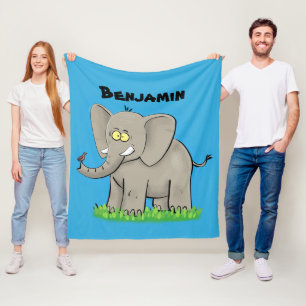 Niedlicher, lustiger Elefant mit Vogel auf Cartoon Fleecedecke