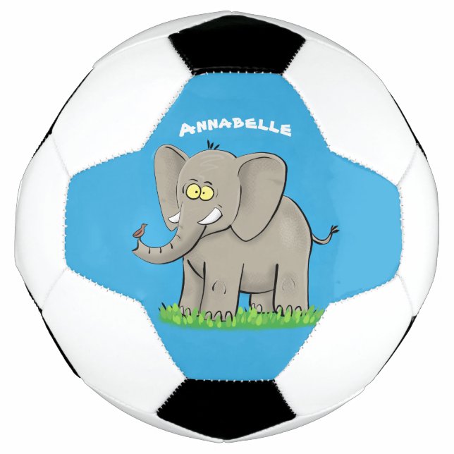 Niedlicher, lustiger Elefant mit Vogel auf Cartoon Fußball (Vorderseite)