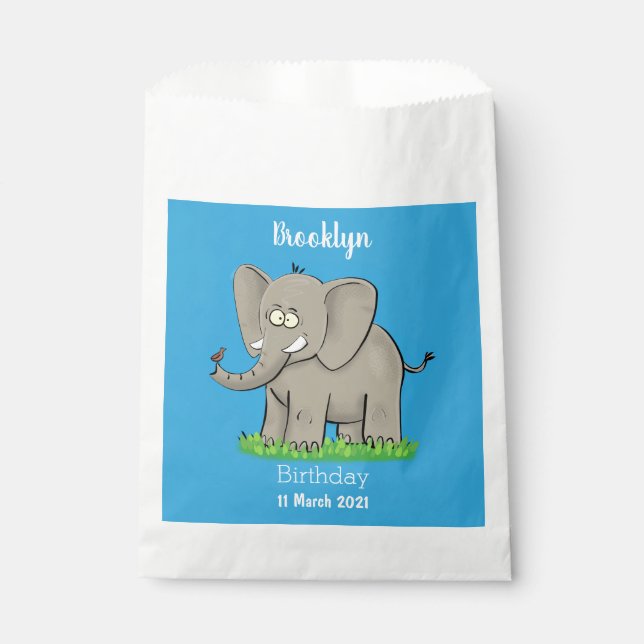 Niedlicher, lustiger Elefant mit Vogel auf Cartoon Geschenktütchen (Vorderseite)
