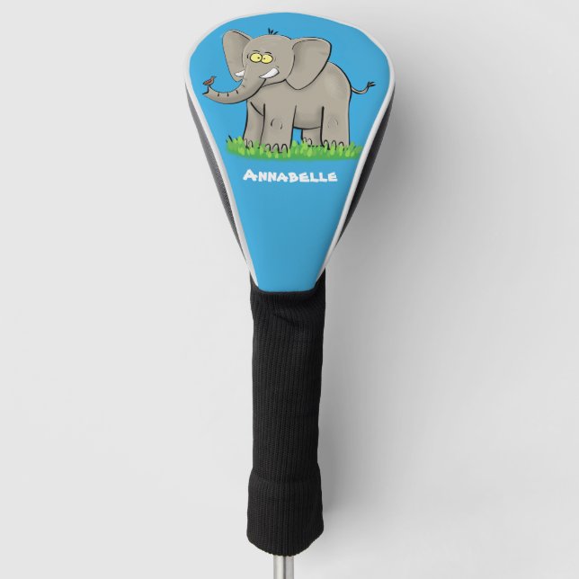 Niedlicher, lustiger Elefant mit Vogel auf Cartoon Golf Headcover (Vorderseite)