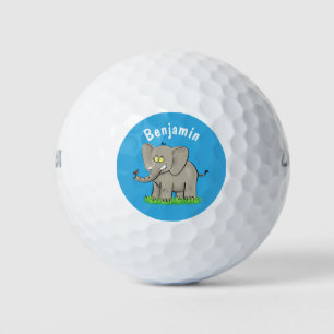 Niedlicher, lustiger Elefant mit Vogel auf Cartoon Golfball