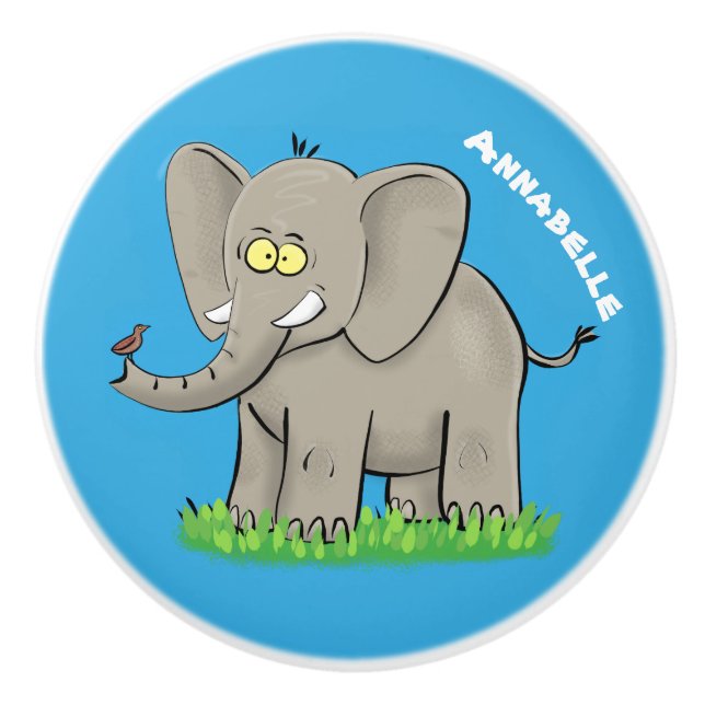 Niedlicher, lustiger Elefant mit Vogel auf Cartoon Keramikknauf (Vorderseite)