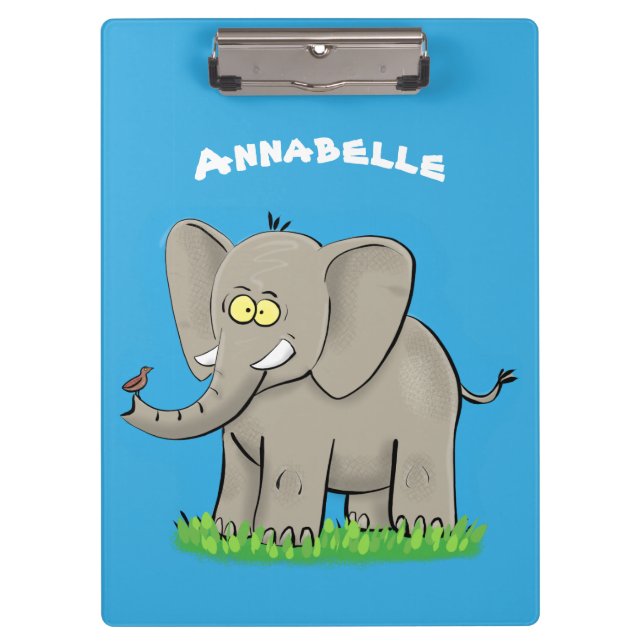 Niedlicher, lustiger Elefant mit Vogel auf Cartoon Klemmbrett (Vorderseite)