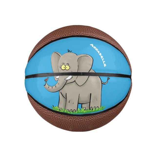 Niedlicher, lustiger Elefant mit Vogel auf Cartoon Mini Basketball (Vorderseite)