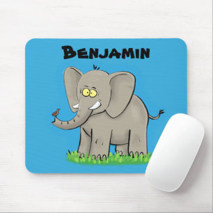 Niedlicher, lustiger Elefant mit Vogel auf Cartoon Mousepad