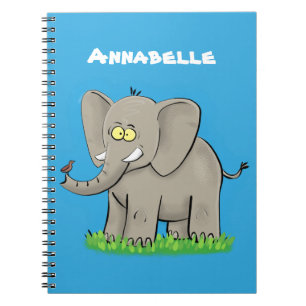 Niedlicher, lustiger Elefant mit Vogel auf Cartoon Notizblock