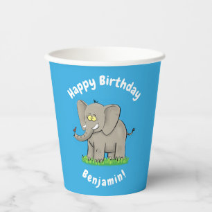 Niedlicher, lustiger Elefant mit Vogel auf Cartoon Pappbecher