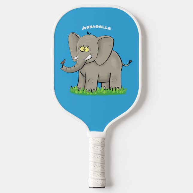 Niedlicher, lustiger Elefant mit Vogel auf Cartoon Pickleball Schläger (Vorderseite)