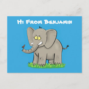 Niedlicher, lustiger Elefant mit Vogel auf Cartoon Postkarte