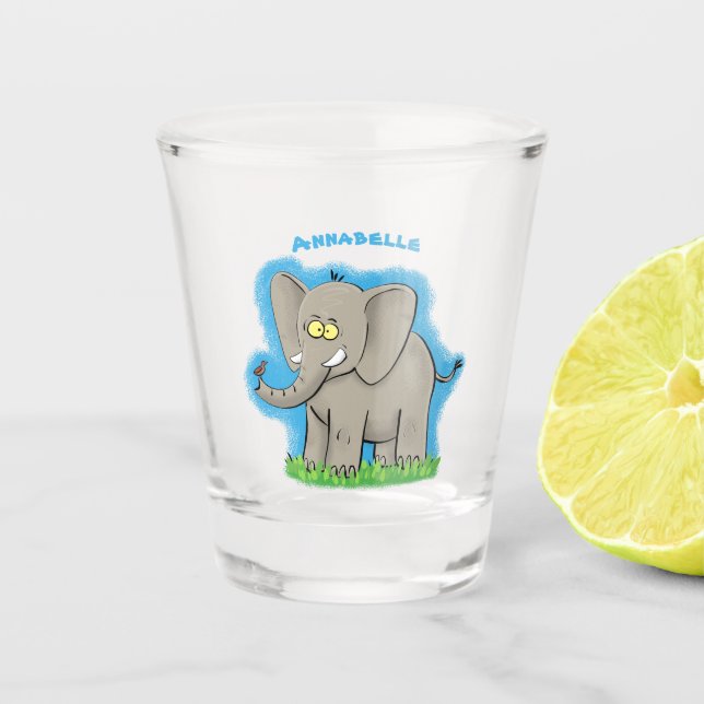 Niedlicher, lustiger Elefant mit Vogel auf Cartoon Schnapsglas (Vorderseite)