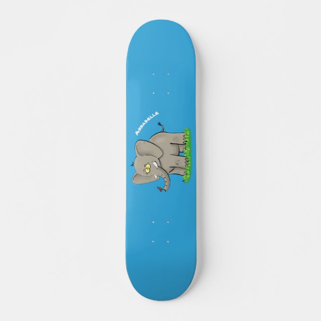 Niedlicher, lustiger Elefant mit Vogel auf Cartoon Skateboard (Vorne)