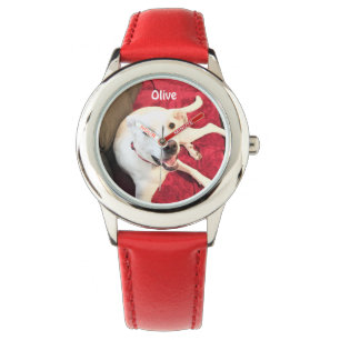 Niedlicher, lustiger, glücklicher, weißer Welpenhu Armbanduhr