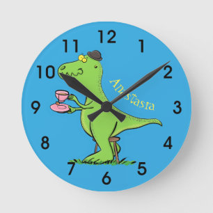 Niedlicher lustiger Grün t rex Dinosaurier Cartoon Runde Wanduhr