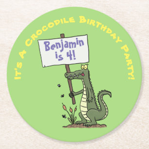 Niedlicher, lustiger, grüner Krokodil-Spaß-Cartoon Runder Pappuntersetzer