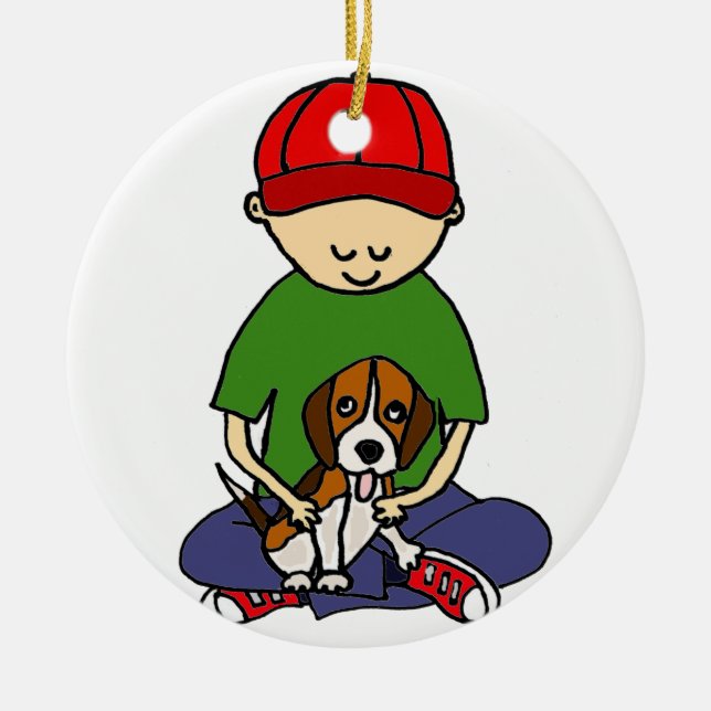 Niedlicher lustiger Junge mit seinem HundeCartoon Keramikornament (Vorne)