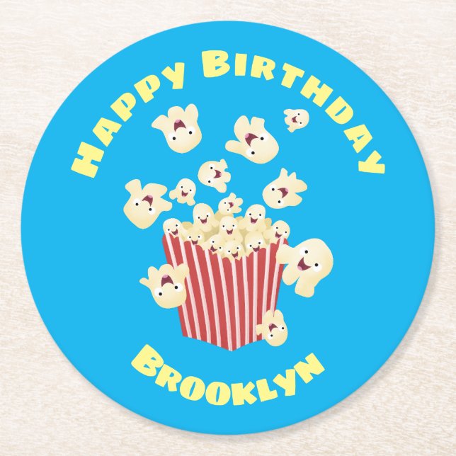 Niedlicher lustiger Popcorn-Cartoon Runder Pappuntersetzer (Vorderseite)