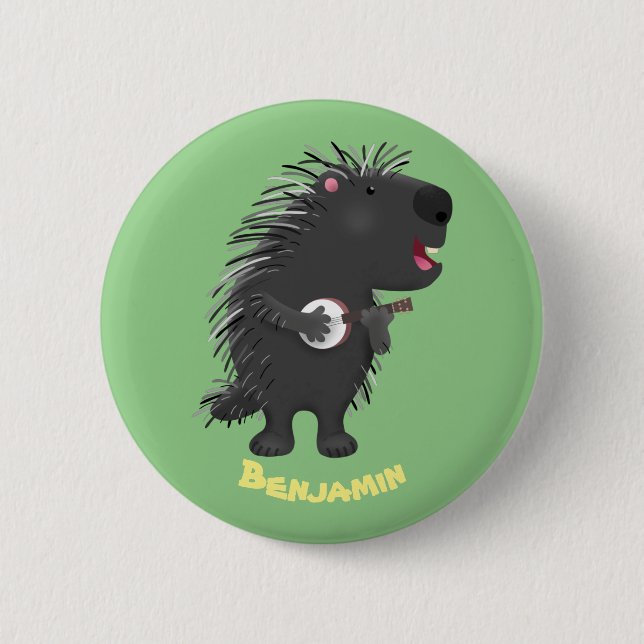 Niedlicher, lustiger Porcuppspiel Banjo Cartoon Button (Vorderseite)