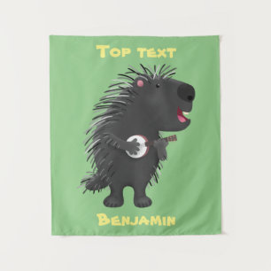 Niedlicher, lustiger Porcuppspiel Banjo Cartoon Wandteppich