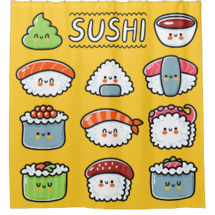 Niedlicher, lustiger Sushi Maki Brötchen Cartoon n Duschvorhang