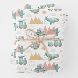 Niedlicher lustiger Transport und Tiere. Baby-Must Geschenkpapier Set