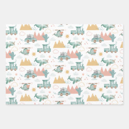 Niedlicher lustiger Transport und Tiere. Baby-Must Geschenkpapier Set