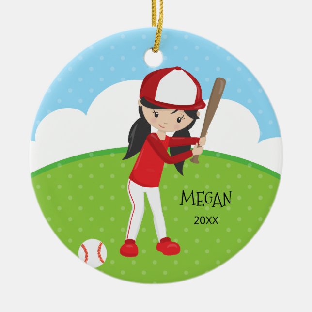 Niedlicher Mädchen-Baseball-personalisiertes Keramik Ornament (Vorne)