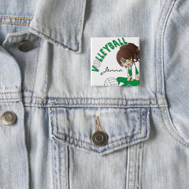 Niedlicher Mädchen-Volleyball-Spieler im Grün Button (Beispiel)