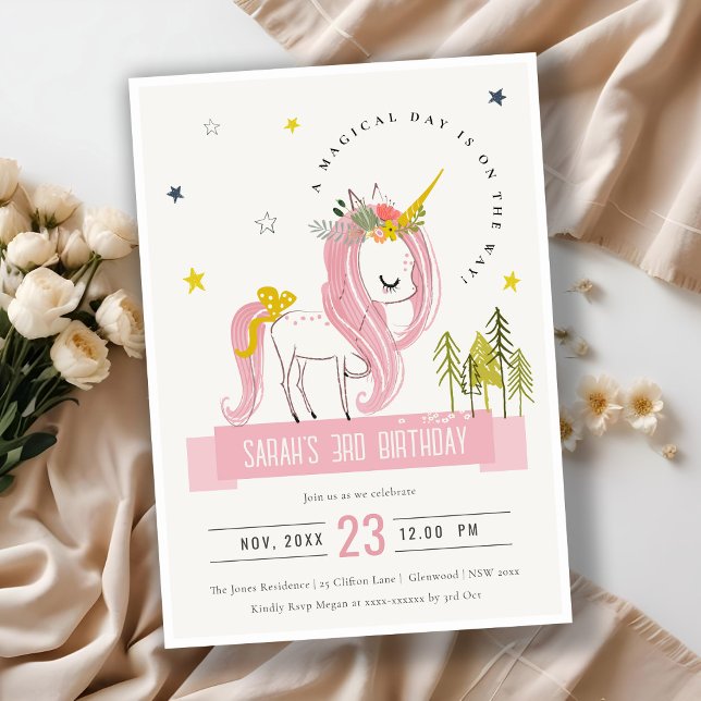 Niedlicher magischer Einhorn Rosa Gelber Kindergeb Einladung (Von Creator hochgeladen)
