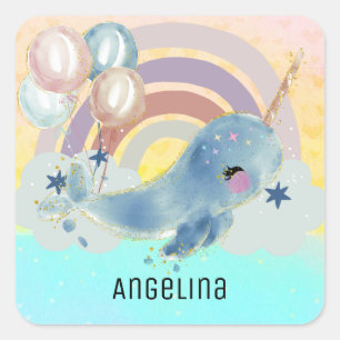 Niedlicher magischer Sea Unicorn-Individuelle Name Quadratischer Aufkleber