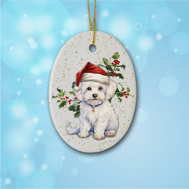 Niedlicher maltesischer Hund Weihnachten Holly Keramik Ornament (Von Creator hochgeladen)