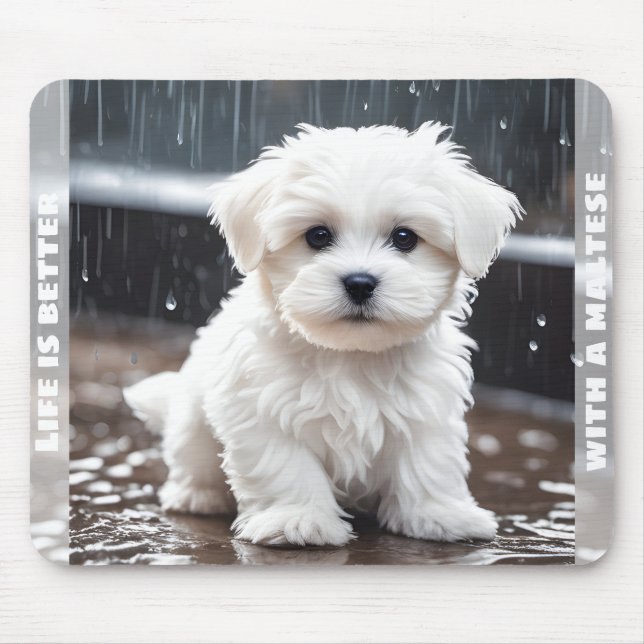 Niedlicher maltesischer Hund Welpe Fall Rain Indiv Mousepad (Vorne)