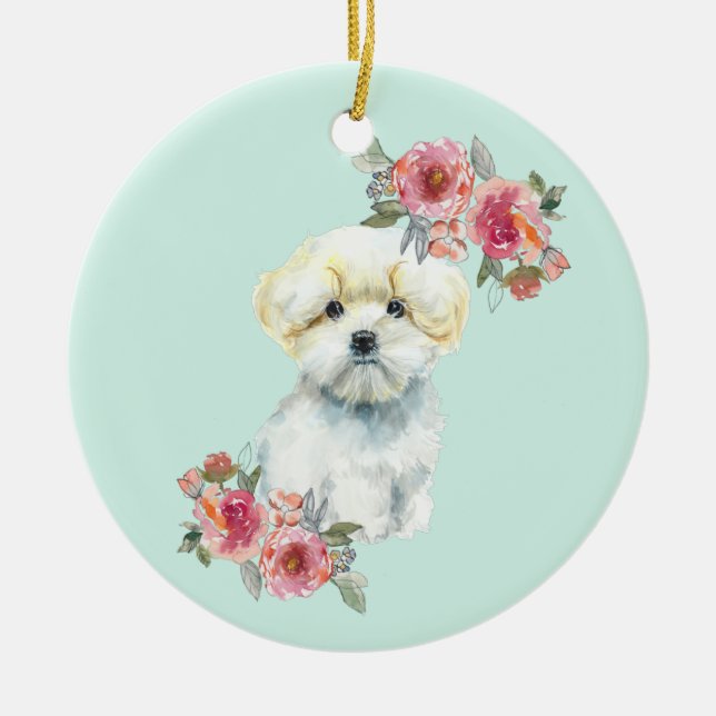 Niedlicher maltesischer Welpenhund mit Blume Wasse Keramik Ornament (Vorne)