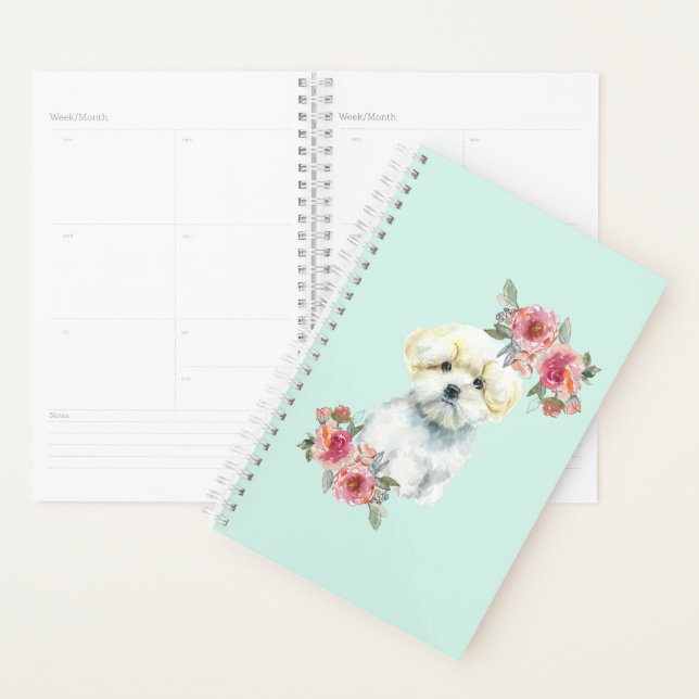 Niedlicher maltesischer Welpenhund mit Blume Wasse Planer (Anzeige)