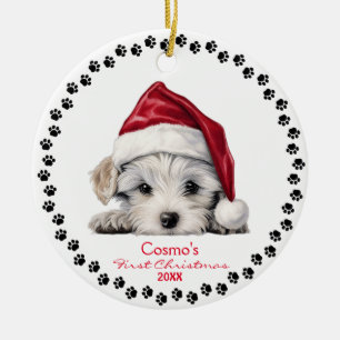 Niedlicher maltesischer Welpenhund Weihnachtsmannm Keramik Ornament