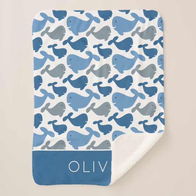 Niedlicher Marine-Blau-grauer Wal-personalisierter Sherpadecke (Vorderseite)