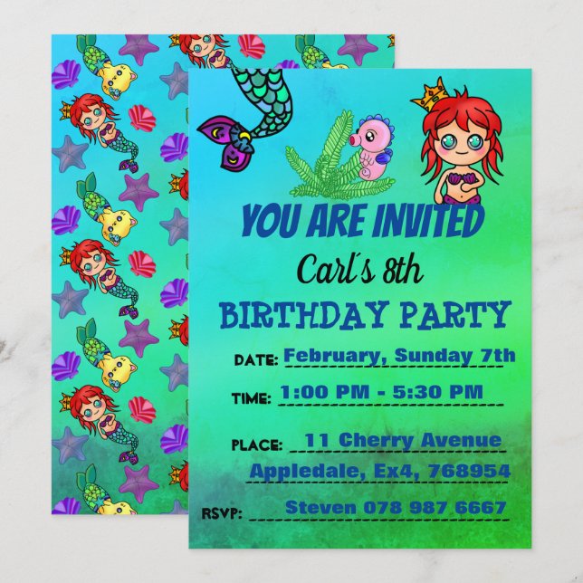 Niedlicher Meerjungfrau Geburtstagspartei Einladung (Vorne/Hinten)