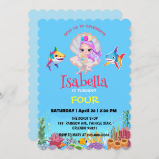Niedlicher Mermaid Hai Regenbogen bunt Geburtstags Einladung