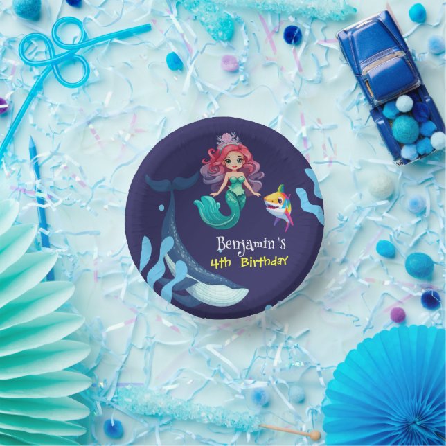 Niedlicher Mermaid-Hai Whale Regenbogen bunt Gebur Pappteller (Party)