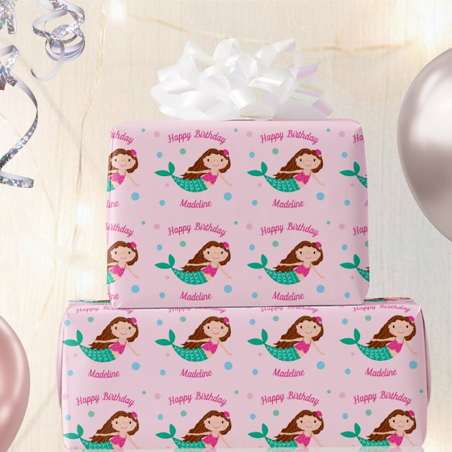 Niedlicher Mermaid Pink Personalisiert Geburtstag Geschenkpapier (Von Creator hochgeladen)