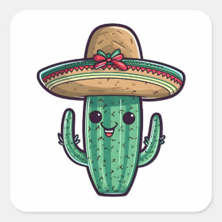Niedlicher mexikanischer Sombrero-Kaktus Quadratischer Aufkleber