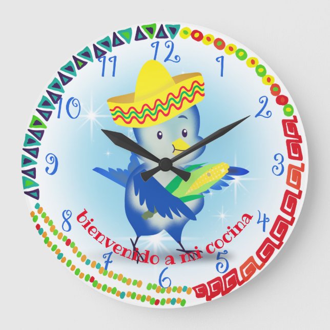 Niedlicher mexikanischer Sombrero-Vogel personalis Große Wanduhr (Vorderseite)