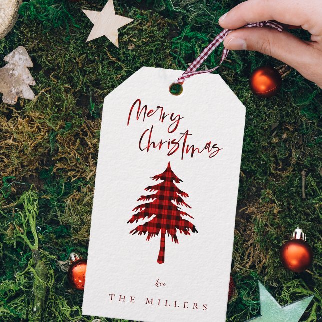 Niedlicher Minimalistischer Karierter Muster Weihn Geschenkanhänger (Cute Minimalist Red Plaid Pattern Christmas Tree Gift Tags)