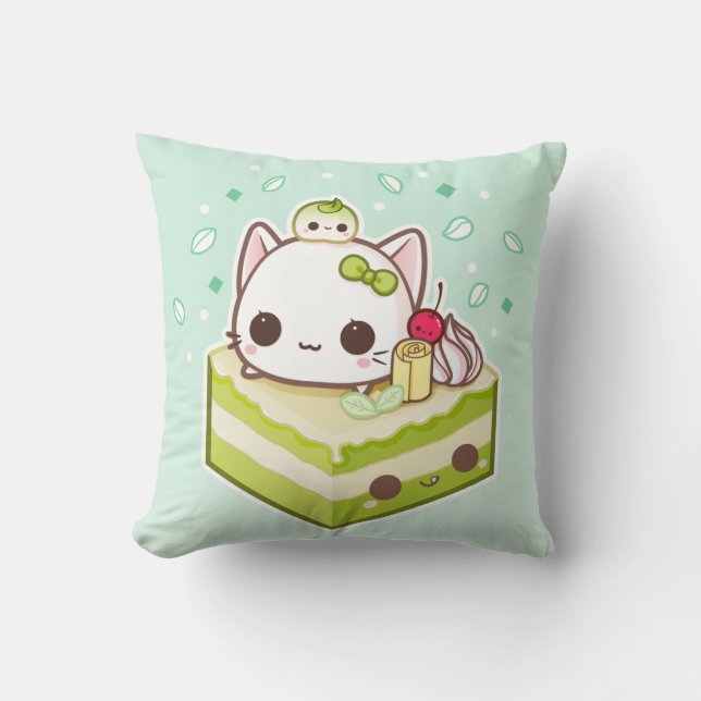 Niedlicher mochi Kitty mit kawaii Kuchen grünen Kissen (Vorderseite)