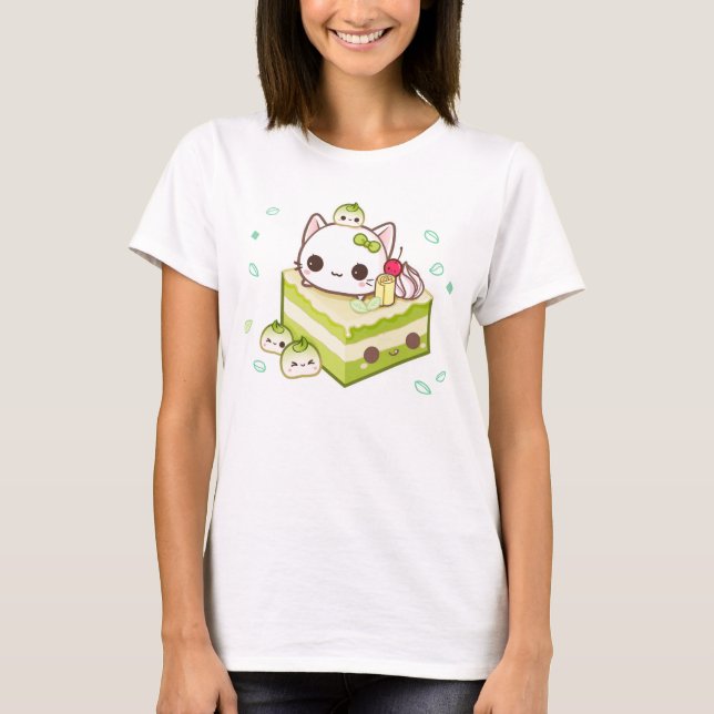 Niedlicher mochi Kitty mit kawaii Kuchen grünen T-Shirt (Vorderseite)
