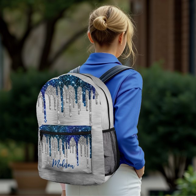 Niedlicher moderner Blue Glitzer Tropfen monogramm Bedruckter Rucksack (Von Creator hochgeladen)