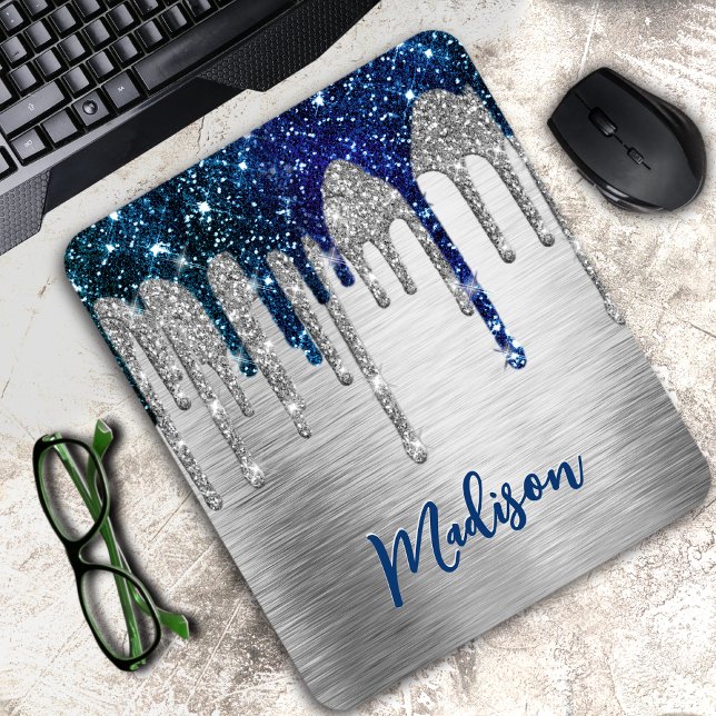 Niedlicher moderner Blue Glitzer Tropfen monogramm Mousepad (Von Creator hochgeladen)