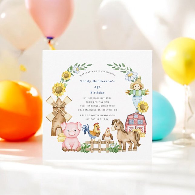 Niedlicher moderner Kindergeburtstag Einladung (cute fun farmyard animals any age kids  birthday invitation )